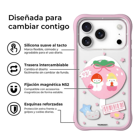 YOUNGKIT Funda CH Sweetheart Express para iPhone 17 Pro Max Compatible con MagSafe, Marco de Silicona y Trasera Removible, The Strawberry Squad