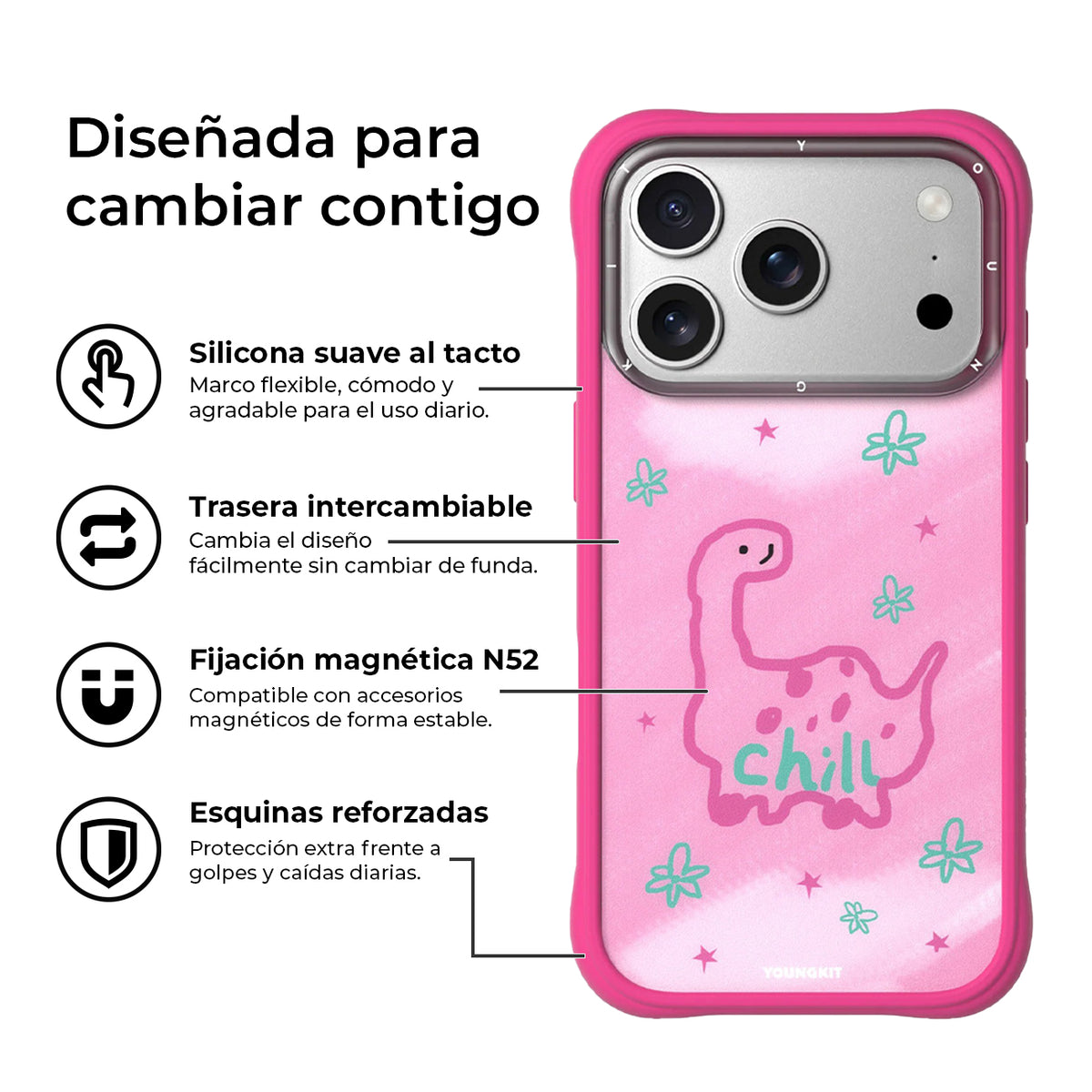 YOUNGKIT Funda Marshmallow para iPhone 17 Pro Max/18 Pro Max Compatible con MagSafe, Flower Dino
