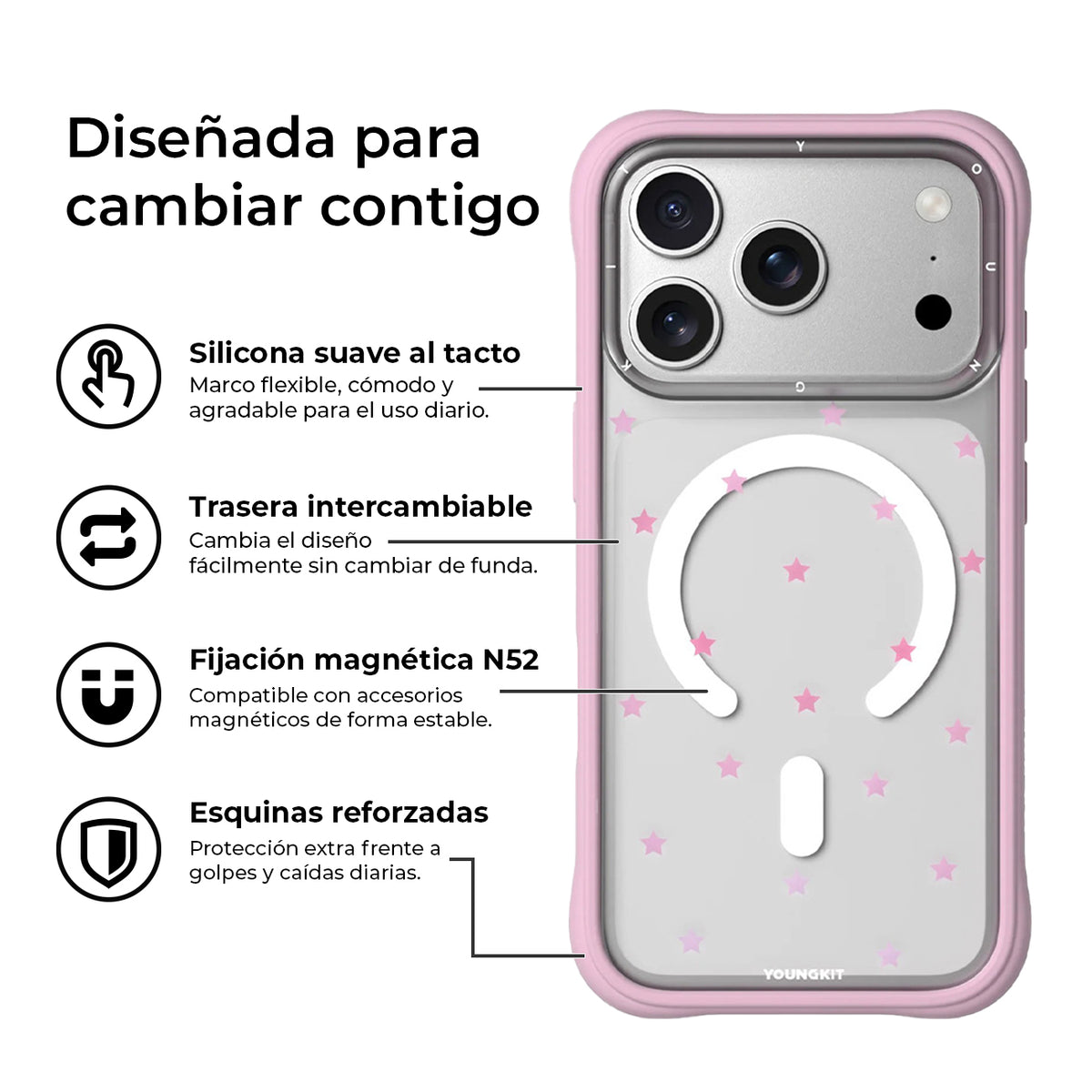 YOUNGKIT Funda Star Dot para iPhone 17 Pro/18 Pro Compatible con MagSafe, Rosa Pink Star