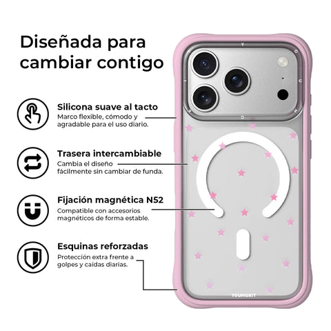 YOUNGKIT Funda CH Star Dot para iPhone 17 Pro Max Compatible con MagSafe, Marco de Silicona y Trasera Removible, Rosa Pink Star