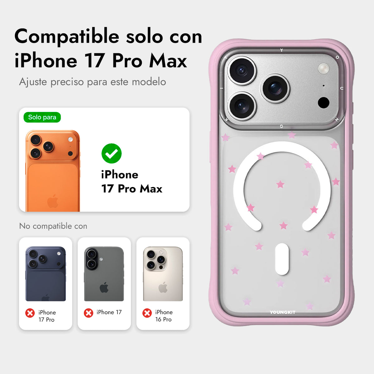 YOUNGKIT Funda Star Dot para iPhone 17 Pro Max/18 Pro Max Compatible con MagSafe, Rosa Pink Star