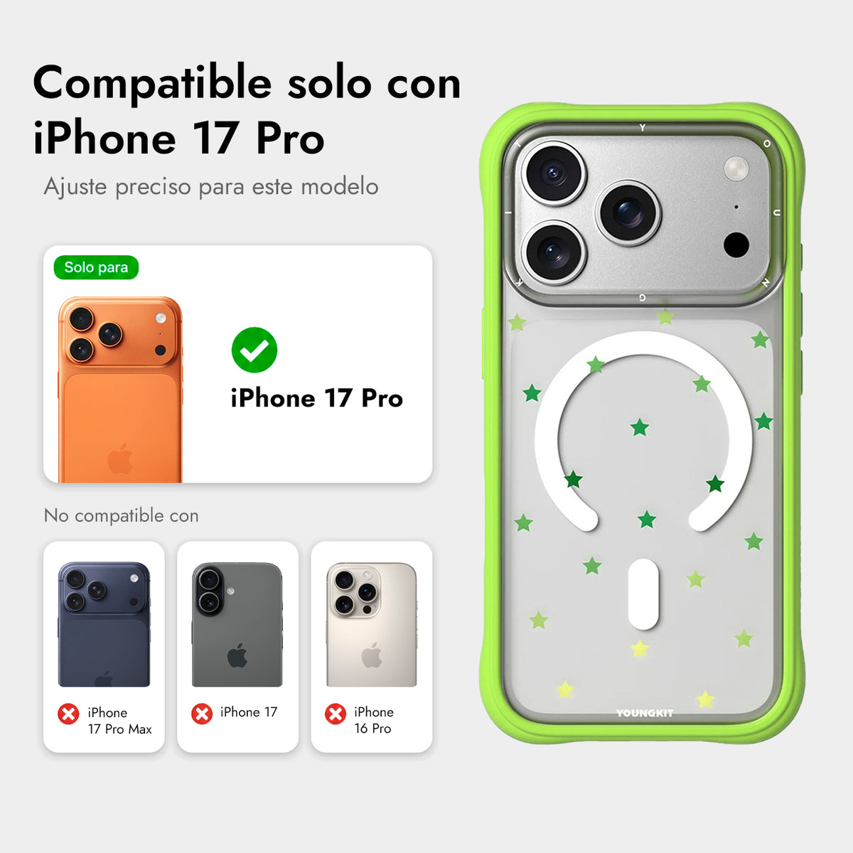 YOUNGKIT Funda Star Dot para iPhone 17 Pro/18 Pro Compatible con MagSafe, Verde Green Star