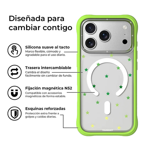 YOUNGKIT Funda CH Star Dot para iPhone 17 Pro Compatible con MagSafe, Marco de Silicona y Trasera Removible, Verde Green Star