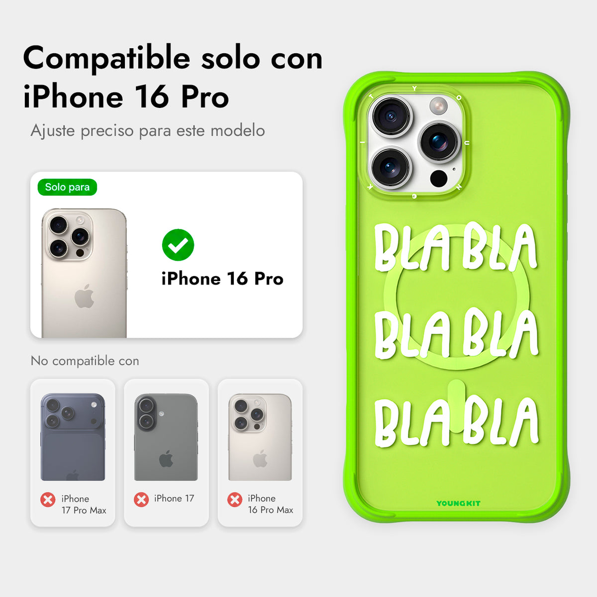 YOUNGKIT Funda CH3 Coffee Time 2.0 para iPhone 16 Pro Compatible con MagSafe, Marco de Silicona y Trasera Removible, No Para de Hablar, Verde