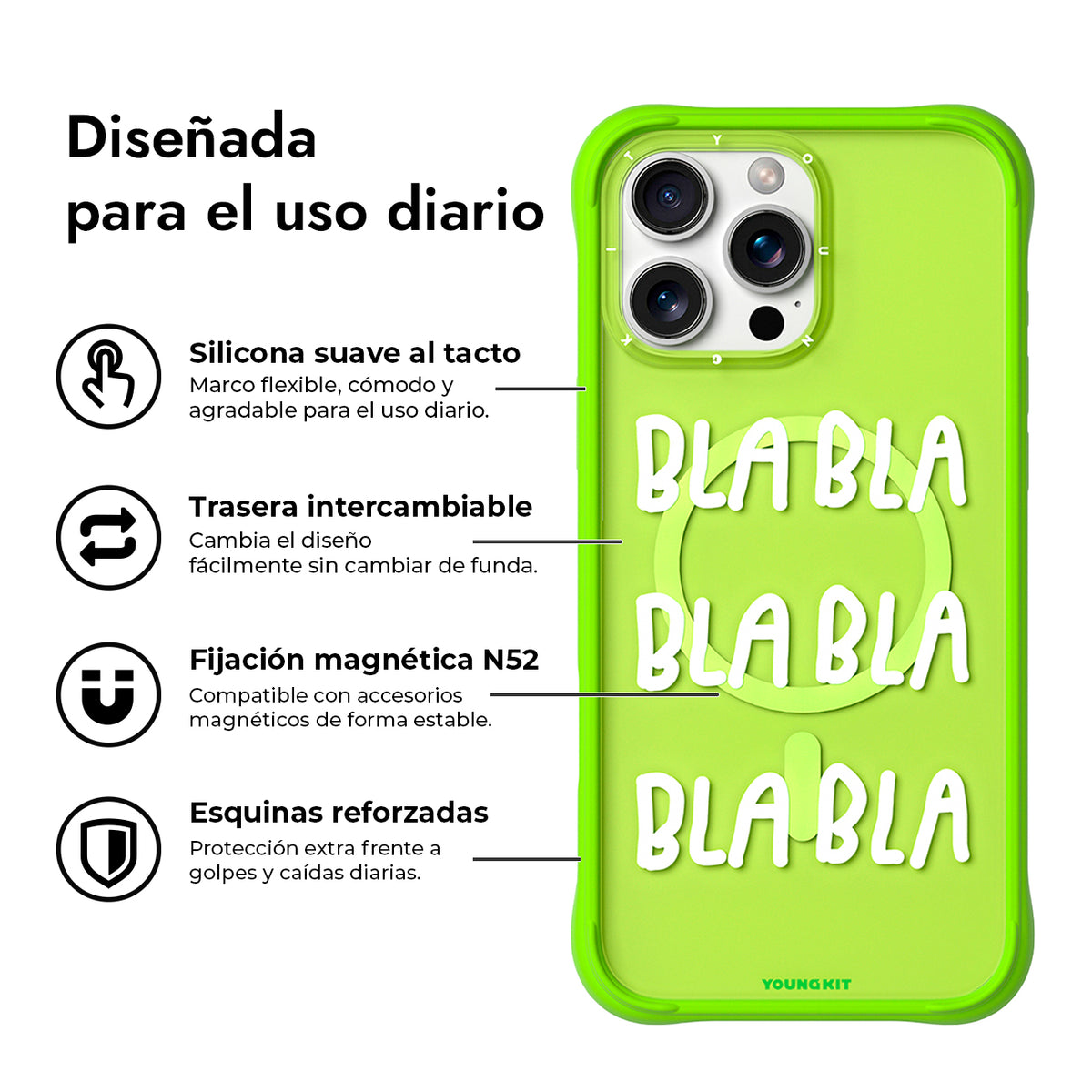 YOUNGKIT Funda CH3 Coffee Time 2.0 para iPhone 16 Pro Compatible con MagSafe, Marco de Silicona y Trasera Removible, No Para de Hablar, Verde