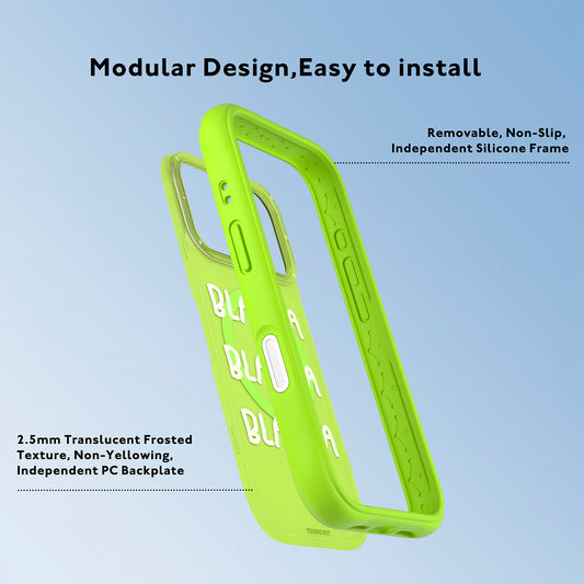 YOUNGKIT Funda CH3 Coffee Time 2.0 para iPhone 16 Pro Max Compatible con MagSafe, Marco de Silicona y Trasera Removible, No Para de Hablar, Verde
