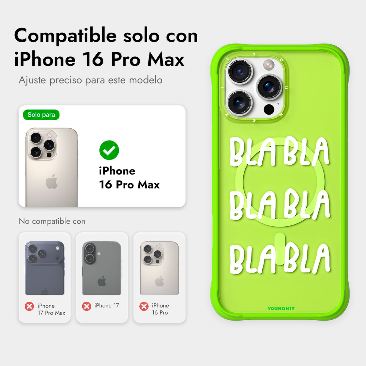 YOUNGKIT Funda CH3 Coffee Time 2.0 para iPhone 16 Pro Max Compatible con MagSafe, Marco de Silicona y Trasera Removible, No Para de Hablar, Verde