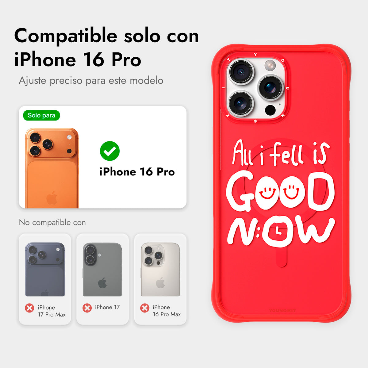 YOUNGKIT Funda CH3 Coffee Time 2.0 para iPhone 16 Pro Compatible con MagSafe, Marco de Silicona y Trasera Removible, Qué Bien Está, Roja