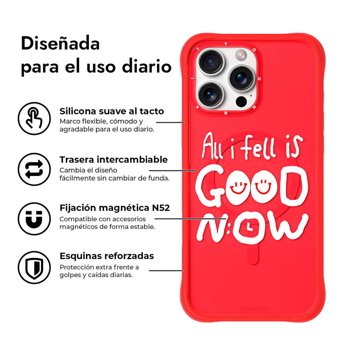 YOUNGKIT Funda CH3 Coffee Time 2.0 para iPhone 16 Pro Compatible con MagSafe, Marco de Silicona y Trasera Removible, Qué Bien Está, Roja
