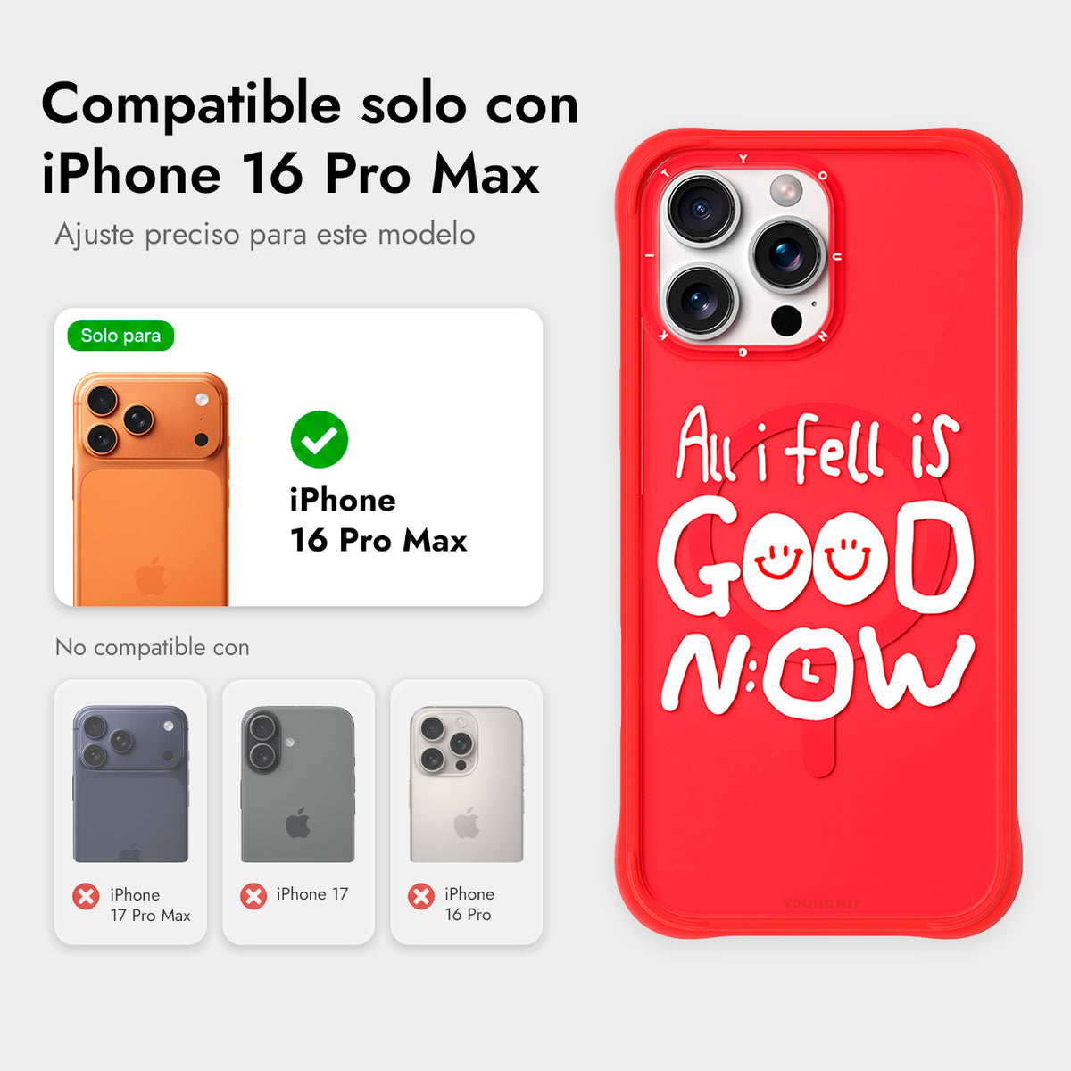 YOUNGKIT Funda CH3 Coffee Time 2.0 para iPhone 16 Pro Max Compatible con MagSafe, Marco de Silicona y Trasera Removible, Qué Bien Está, Roja
