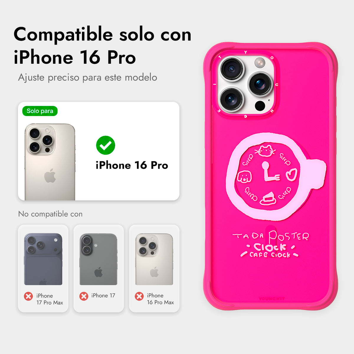 YOUNGKIT Funda CH3 Coffee Time 2.0 para iPhone 16 Pro Compatible con MagSafe, Marco de Silicona y Trasera Removible, A las 3, Rosa Barbie