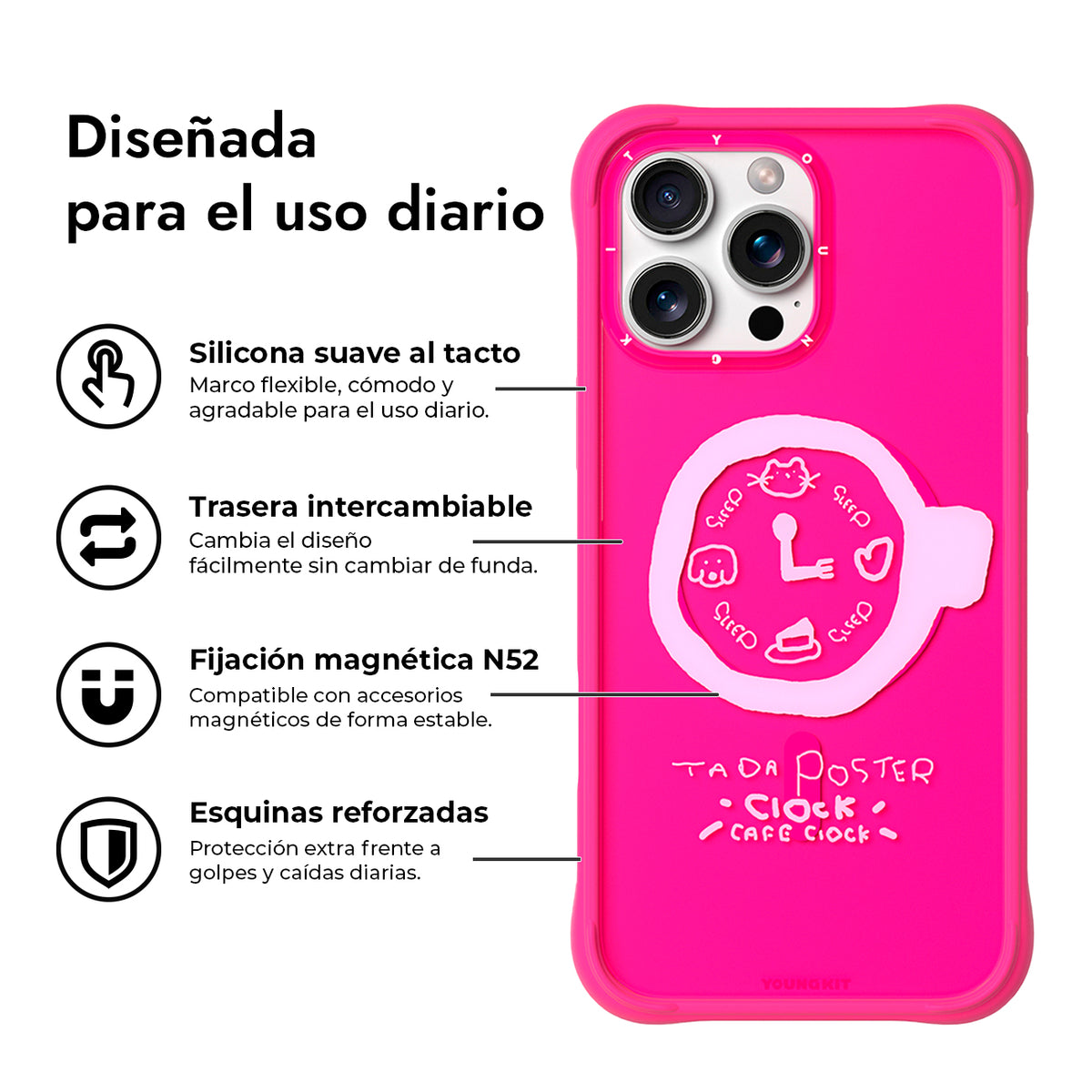YOUNGKIT Funda CH3 Coffee Time 2.0 para iPhone 16 Pro Compatible con MagSafe, Marco de Silicona y Trasera Removible, A las 3, Rosa Barbie