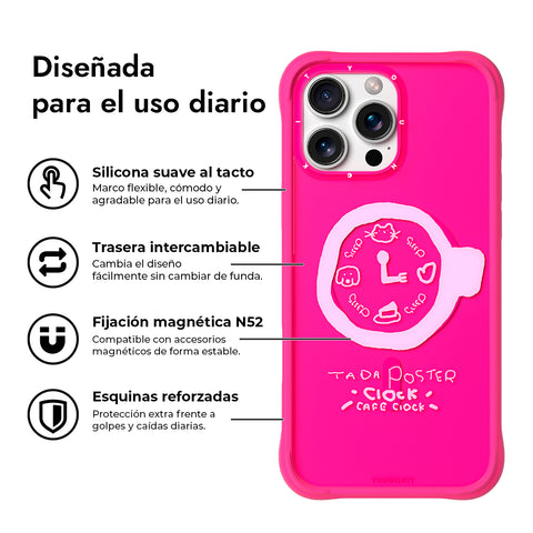 YOUNGKIT Funda CH3 Coffee Time 2.0 para iPhone 16 Pro Compatible con MagSafe, Marco de Silicona y Trasera Removible, A las 3, Rosa Barbie