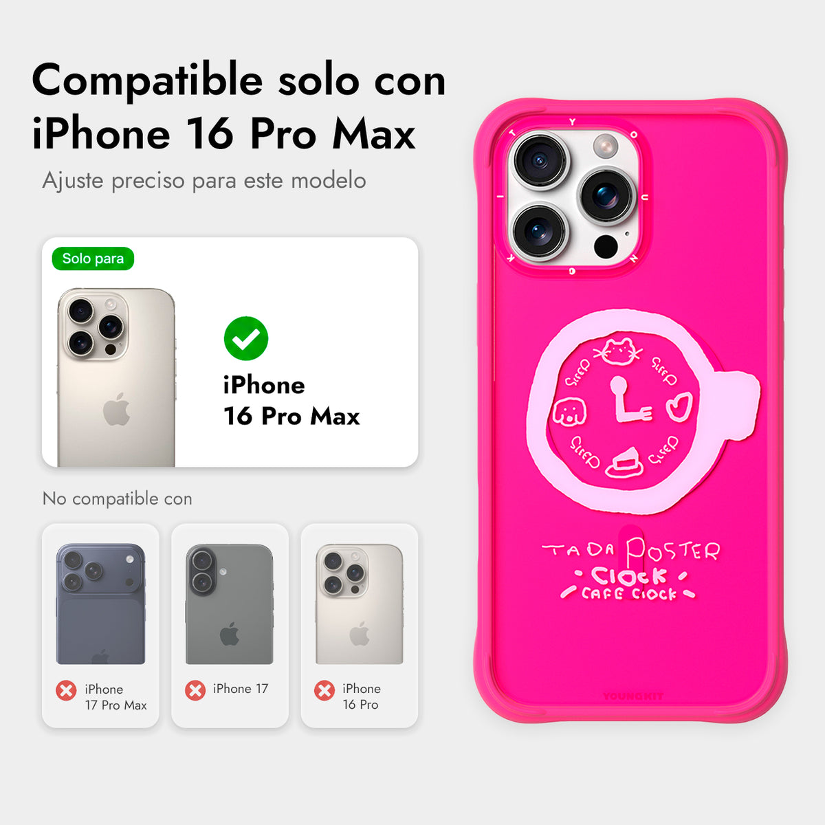 YOUNGKIT Funda CH3 Coffee Time 2.0 para iPhone 16 Pro Max Compatible con MagSafe, Marco de Silicona y Trasera Removible, A las 3, Rosa Barbie