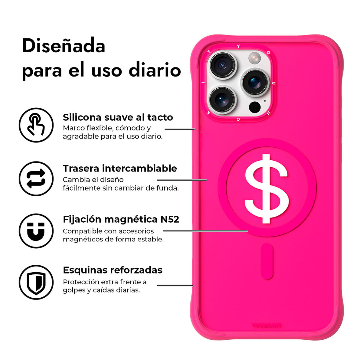 YOUNGKIT Funda CH3 Lucky Money para iPhone 16 Pro Compatible con MagSafe, Marco de Silicona y Trasera Removible, Rosa Fortuna, Rosa Barbie