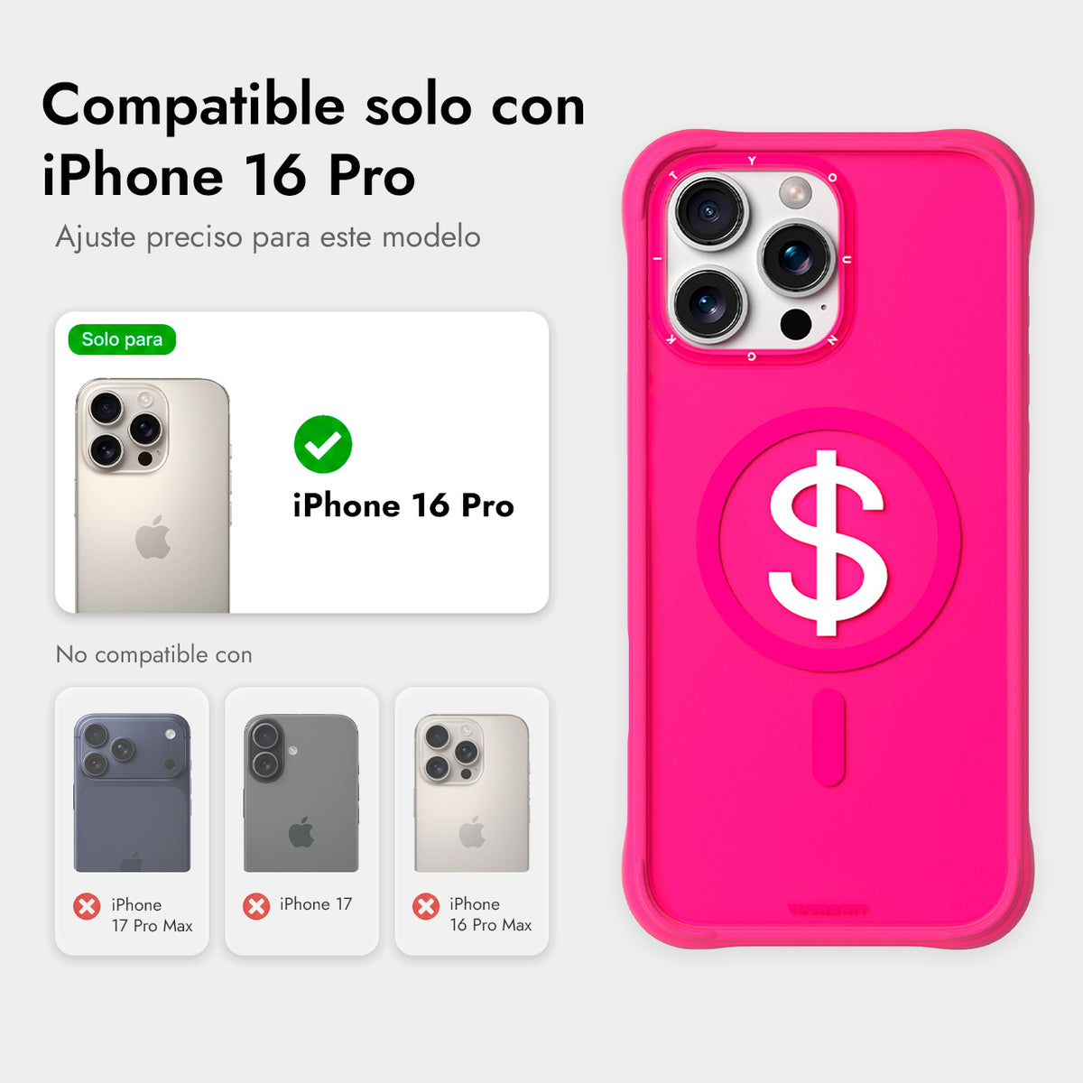 YOUNGKIT Funda CH3 Lucky Money para iPhone 16 Pro Compatible con MagSafe, Marco de Silicona y Trasera Removible, Rosa Fortuna, Rosa Barbie