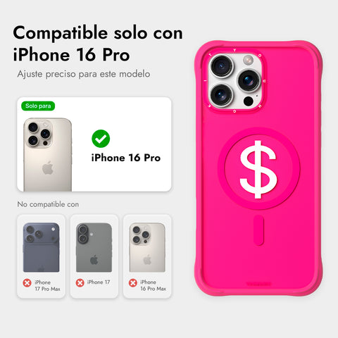 YOUNGKIT Funda CH3 Lucky Money para iPhone 16 Pro Compatible con MagSafe, Marco de Silicona y Trasera Removible, Rosa Fortuna, Rosa Barbie