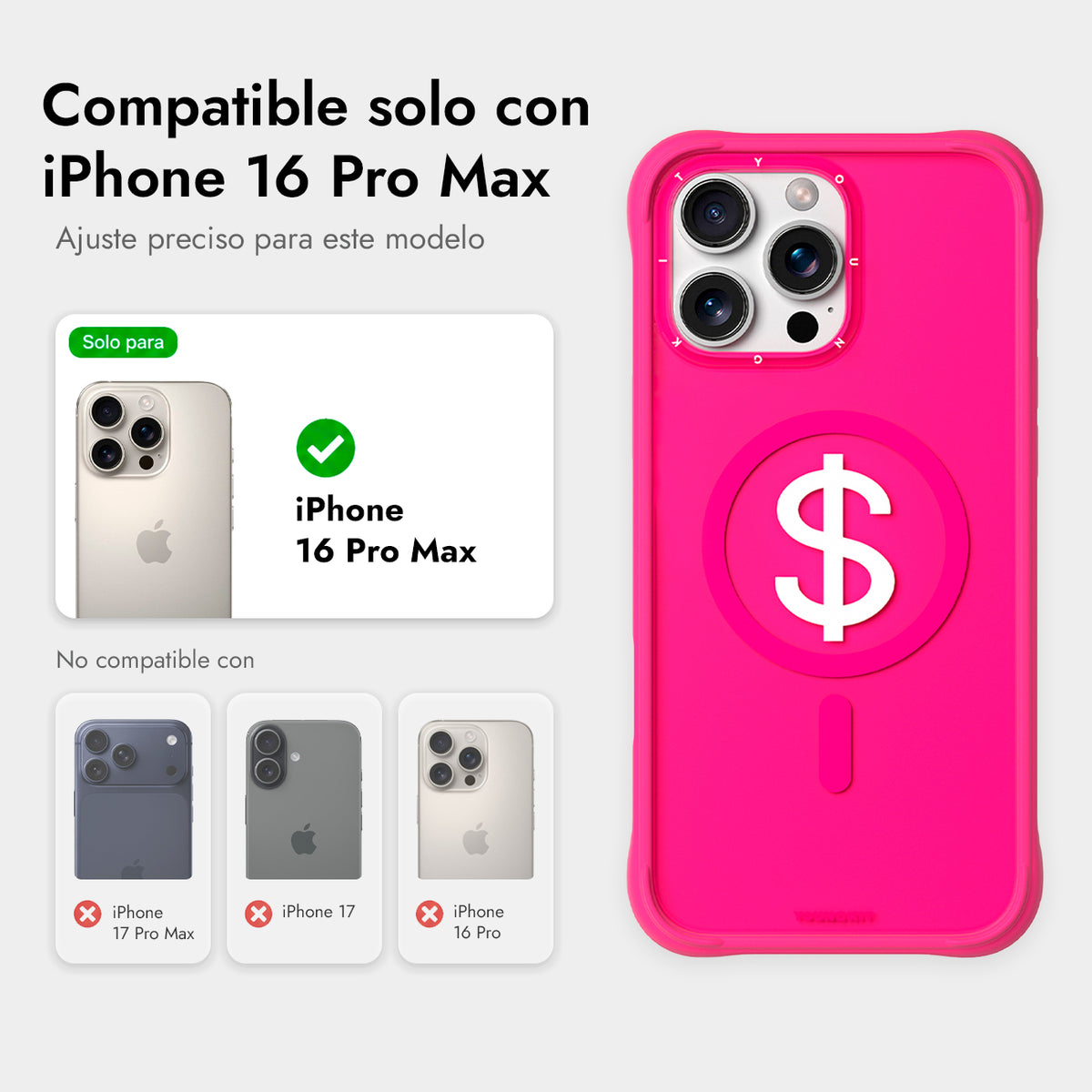 YOUNGKIT Funda CH3 Lucky Money para iPhone 16 Pro Max Compatible con MagSafe, Marco de Silicona y Trasera Removible, Rosa Fortuna, Rosa Barbie