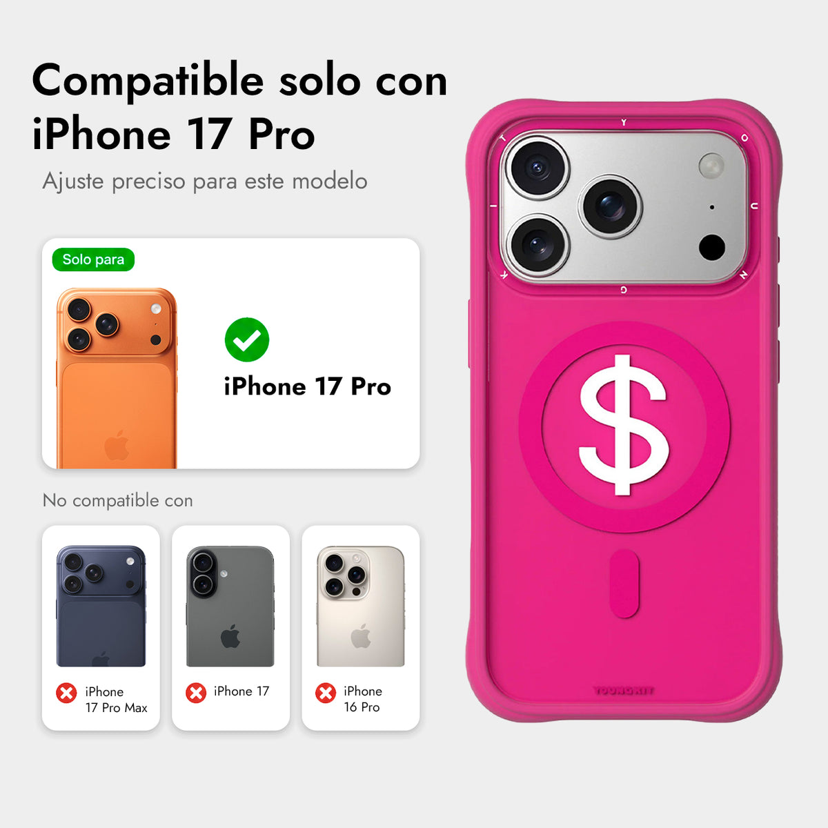 YOUNGKIT Funda Lucky Money para iPhone 17 Pro/18 Pro Compatible con MagSafe, Rosa Rich Pink