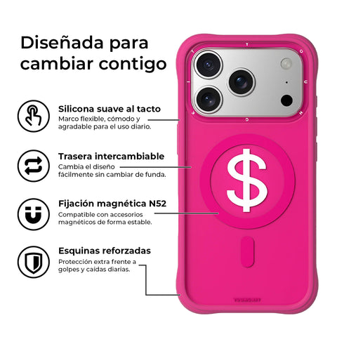 YOUNGKIT Funda CH3 Lucky Money para iPhone 17 Pro Compatible con MagSafe, Marco de Silicona y Trasera Removible, Rosa Rich Pink