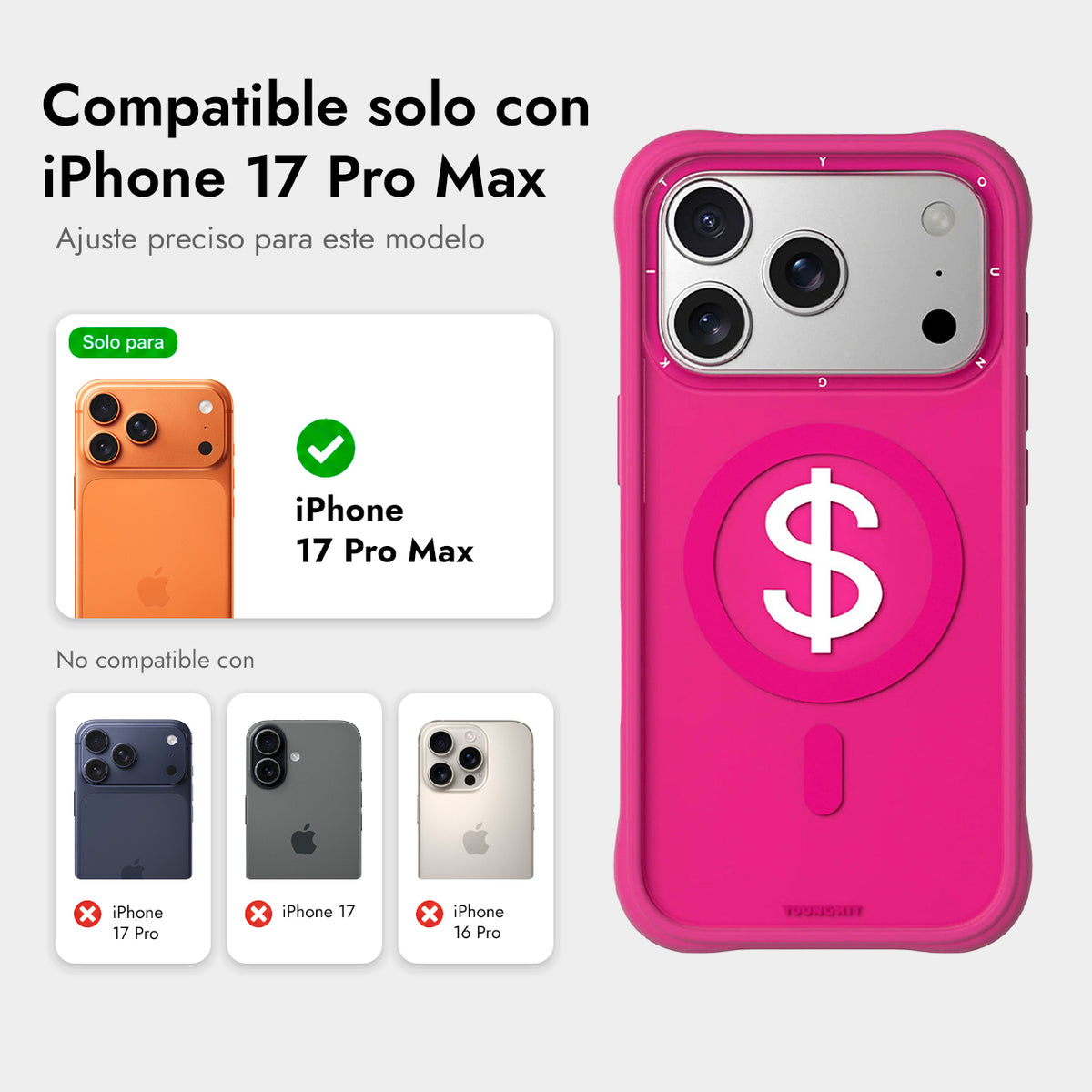 YOUNGKIT Funda Lucky Money para iPhone 17 Pro Max/18 Pro Max Compatible con MagSafe, Rosa Rich Pink