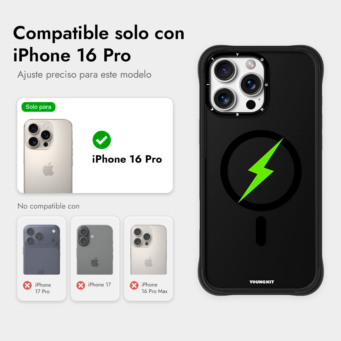 YOUNGKIT Funda CH3 Lightning para iPhone 16 Pro Compatible con MagSafe, Marco de Silicona y Trasera Removible, Super Verde, Negro