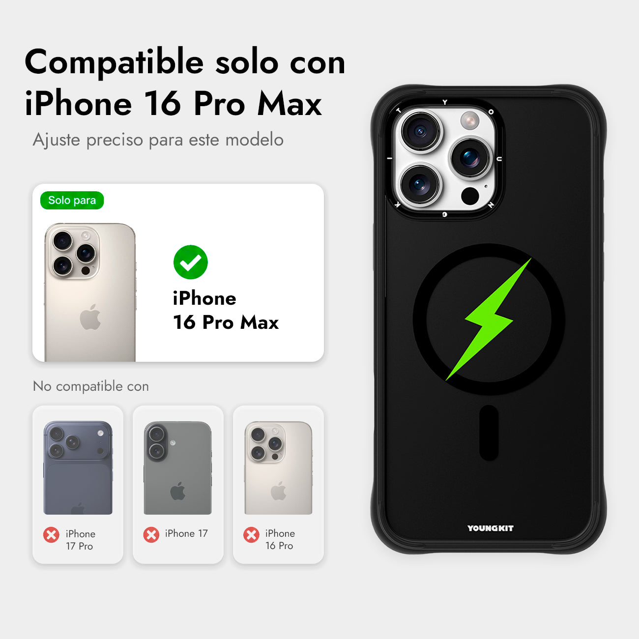 YOUNGKIT Funda CH3 Lightning para iPhone 16 Pro Max Compatible con MagSafe, Marco de Silicona y Trasera Removible, Super Verde, Negro
