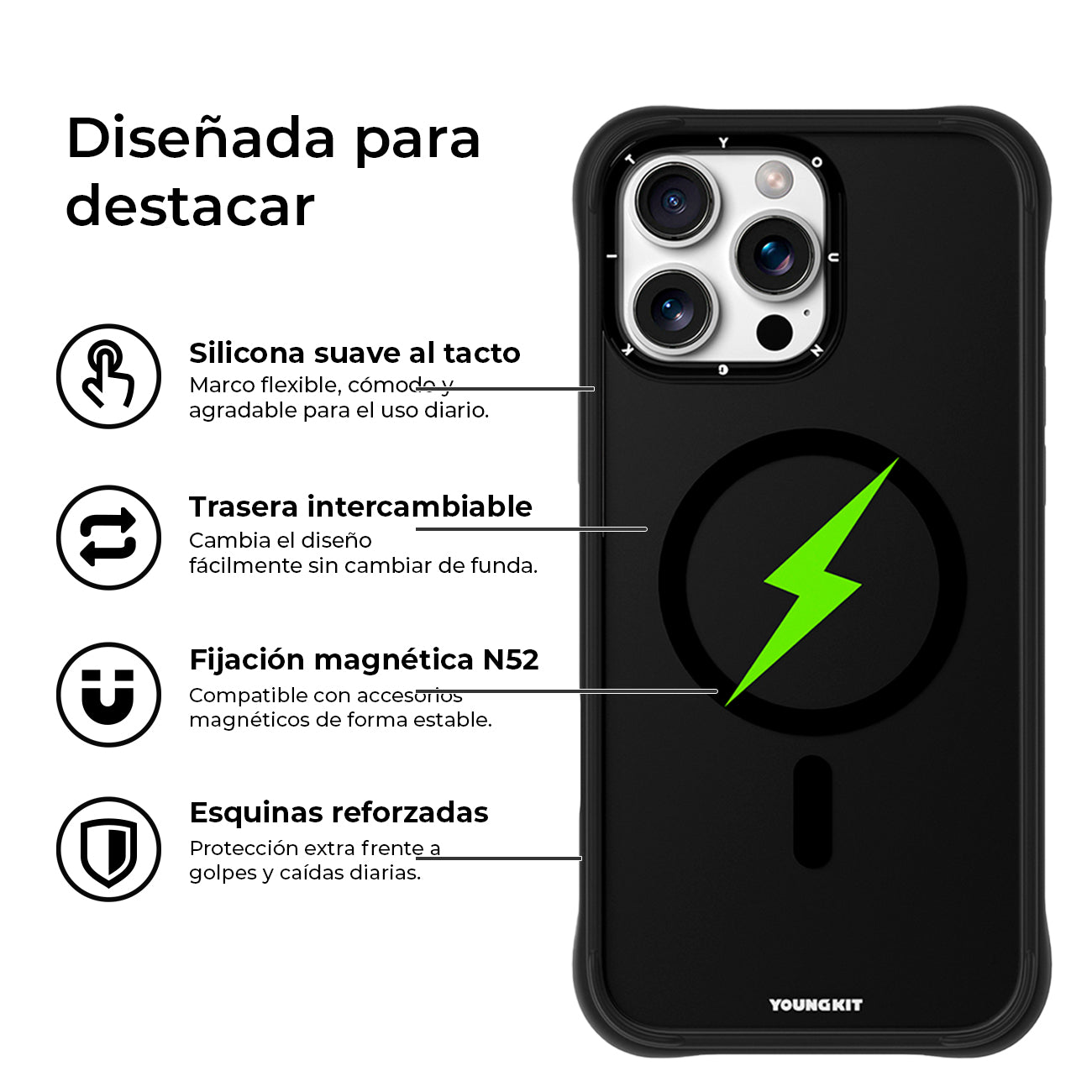 YOUNGKIT Funda CH3 Lightning para iPhone 16 Pro Max Compatible con MagSafe, Marco de Silicona y Trasera Removible, Super Verde, Negro