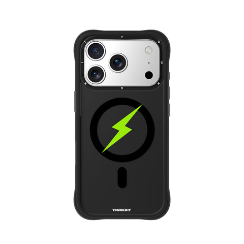 YOUNGKIT Funda CH3 Lightning para iPhone 17 Pro Compatible con MagSafe, Marco de Silicona y Trasera Removible, Super Verde, Negro