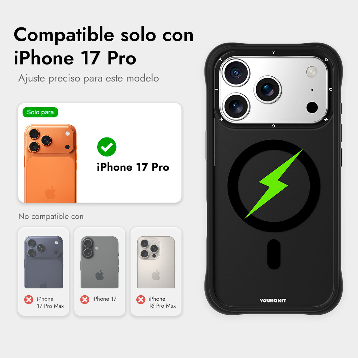 YOUNGKIT Funda Lightning para iPhone 17 Pro/18 Pro Compatible con MagSafe, Super Verde, Negro