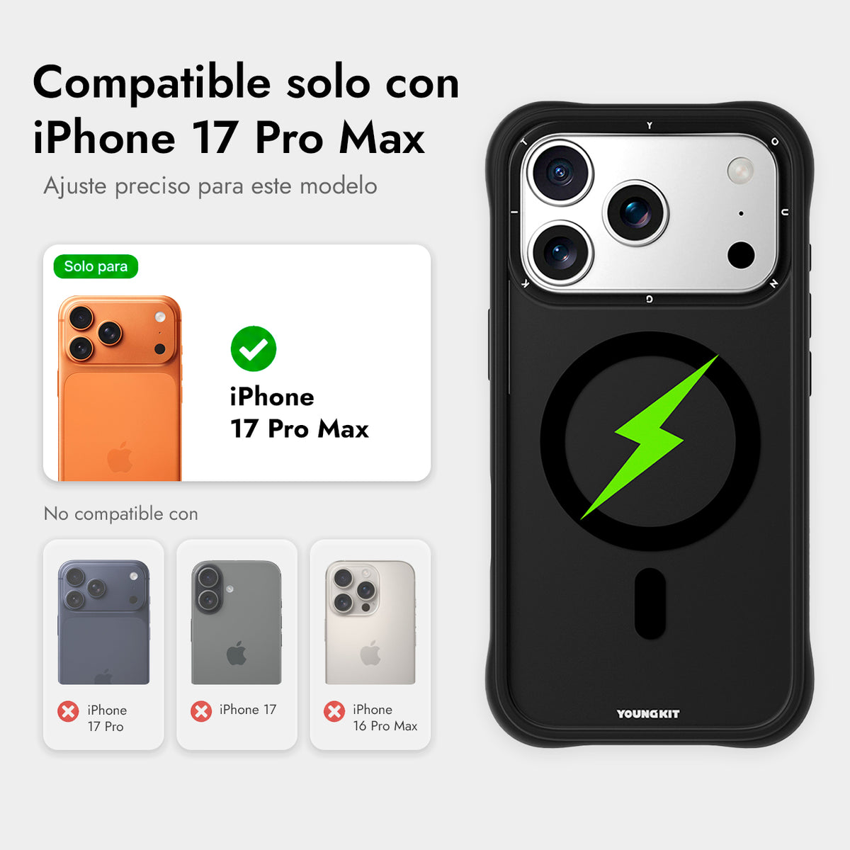 YOUNGKIT Funda Lightning para iPhone 17 Pro Max/18 Pro Max Compatible con MagSafe, Super Verde, Negro