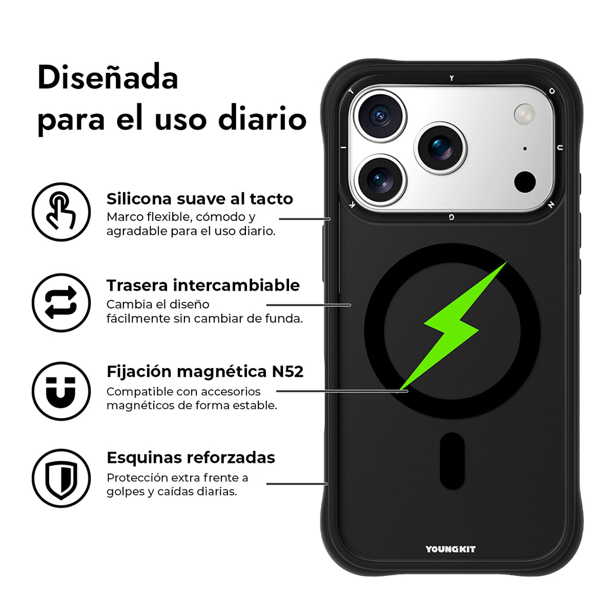 YOUNGKIT Funda Lightning para iPhone 17 Pro Max/18 Pro Max Compatible con MagSafe, Super Verde, Negro