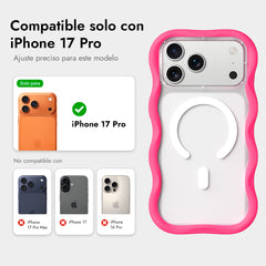YOUNGKIT Funda Dynamic II Wavy para iPhone 17 Pro Compatible con MagSafe, Marco de Silicona y Trasera Removible, Transparente Rosa Hot Pink