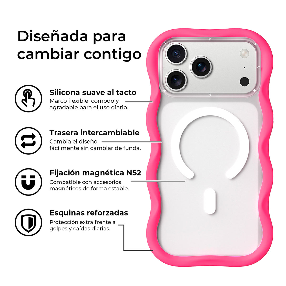 YOUNGKIT Funda Dynamic II Wavy para iPhone 17 Pro/18 Pro Compatible con MagSafe, Transparente Rosa Hot Pink