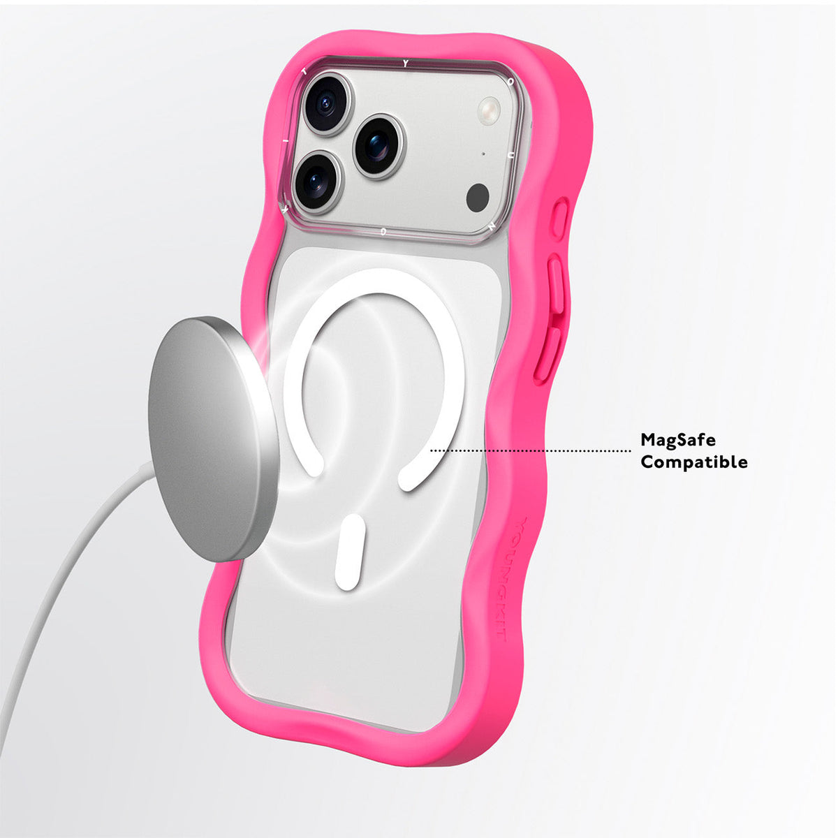 YOUNGKIT Funda Dynamic II Wavy para iPhone 17 Pro Max/18 Pro Max Compatible con MagSafe, Transparente Rosa Hot Pink