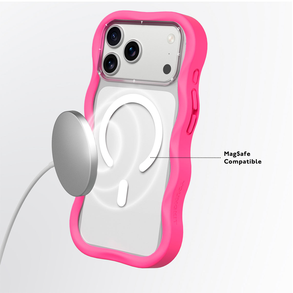 YOUNGKIT Funda Dynamic II Wavy para iPhone 17 Pro/18 Pro Compatible con MagSafe, Transparente Rosa Hot Pink
