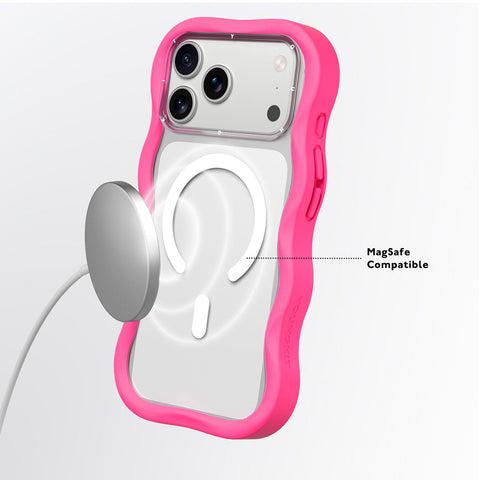 YOUNGKIT Funda Dynamic II Wavy para iPhone 17 Pro Max Compatible con MagSafe, Marco de Silicona y Trasera Removible, Transparente Rosa Hot Pink