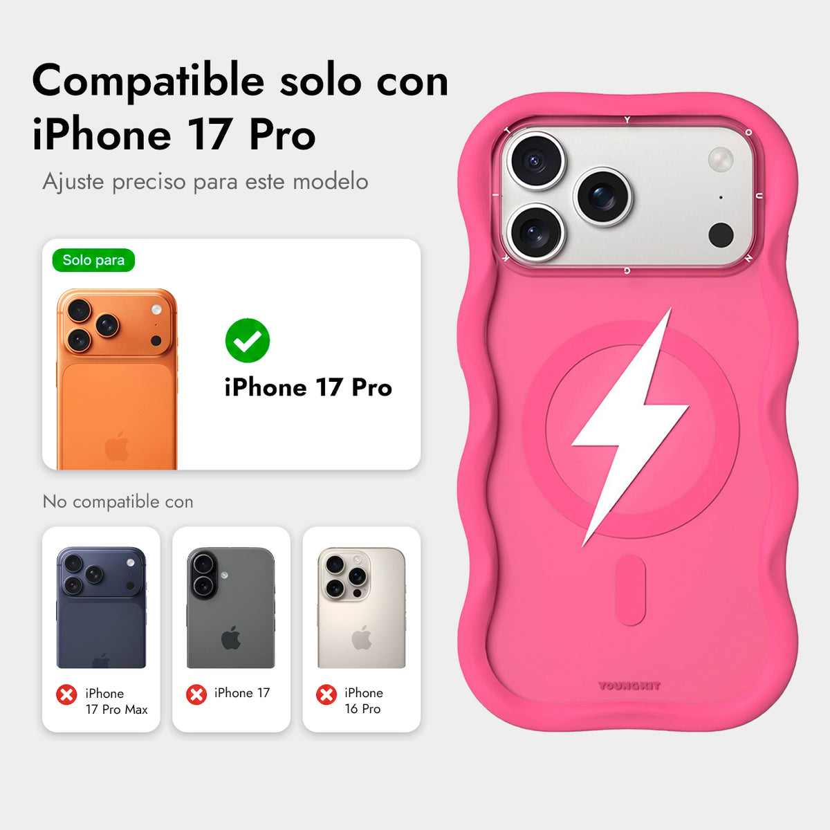 YOUNGKIT Case for iPhone 17 Pro - Big Wave Lightning Series Hot Pink Case, Wavy Design with Lightning Effect and Precise Fit
