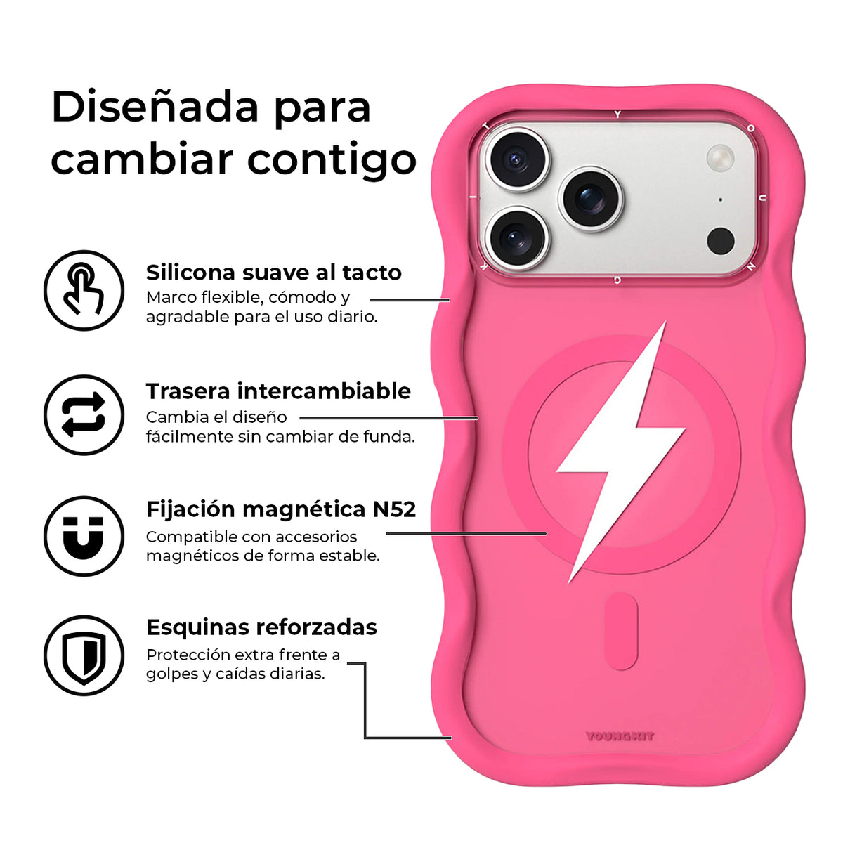 YOUNGKIT Case for iPhone 17 Pro - Big Wave Lightning Series Hot Pink Case, Wavy Design with Lightning Effect and Precise Fit