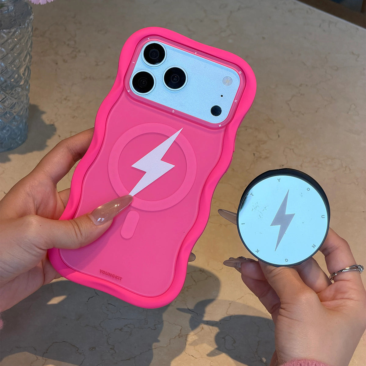 YOUNGKIT Case for iPhone 17 Pro - Big Wave Lightning Series Hot Pink Case, Wavy Design with Lightning Effect and Precise Fit