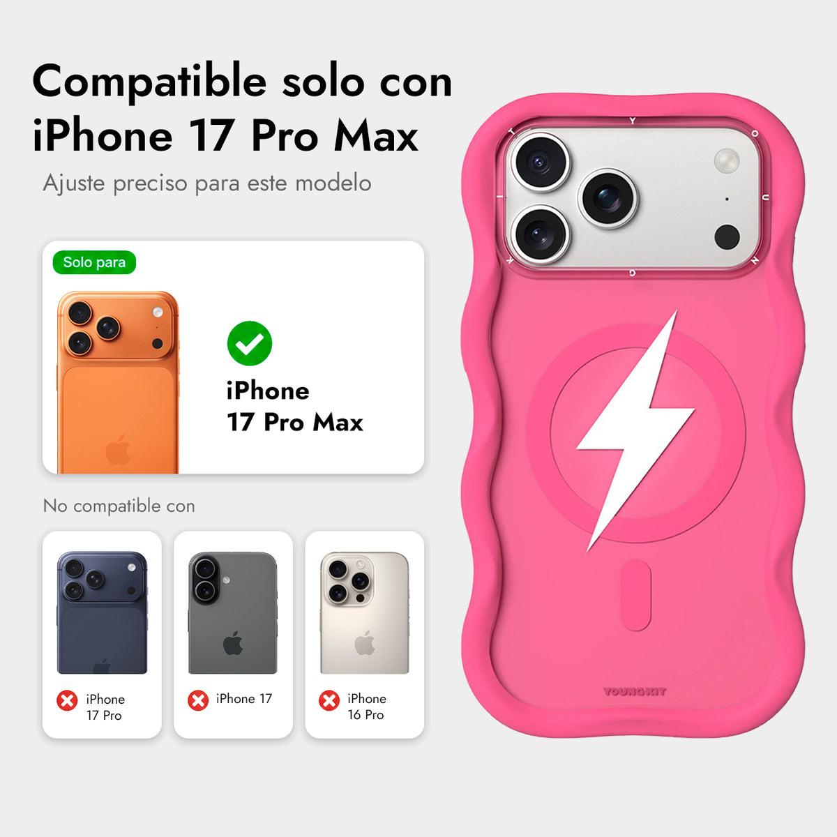 YOUNGKIT Case for iPhone 17 Pro Max – Big Wave Lightning Series Hot Pink Case, Wavy Design with Lightning Effect and Precise Fit