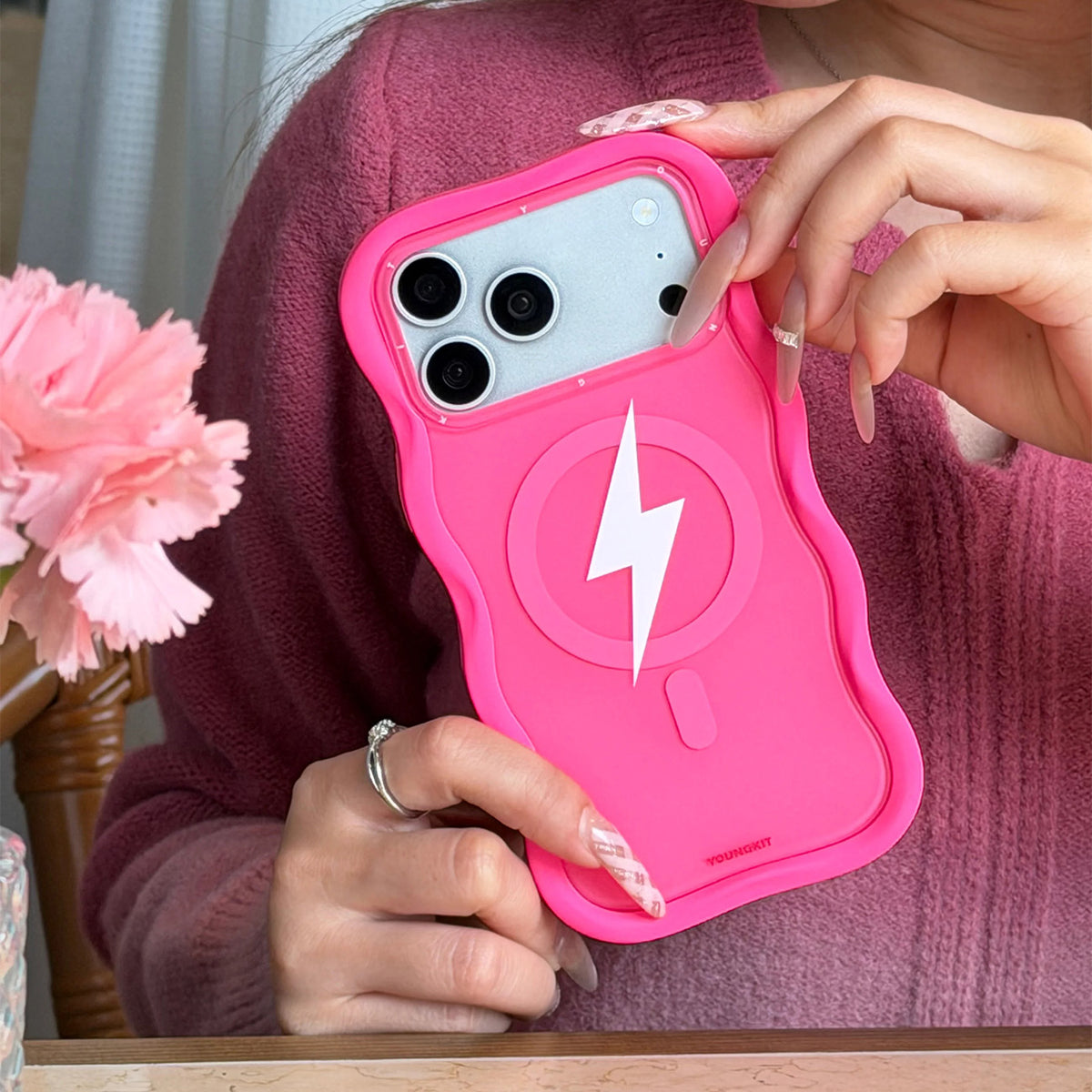 YOUNGKIT Case for iPhone 17 Pro - Big Wave Lightning Series Hot Pink Case, Wavy Design with Lightning Effect and Precise Fit