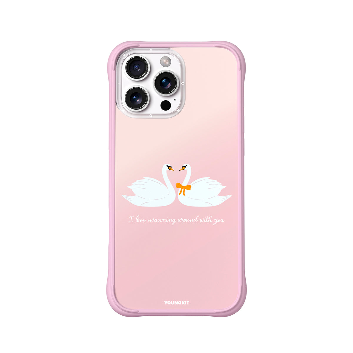 YOUNGKIT Funda CH4 Swan Kiss para iPhone 16 Pro Compatible con MagSafe, Marco de Silicona y Trasera Removible, Swan Love Song, Rosa Cálido