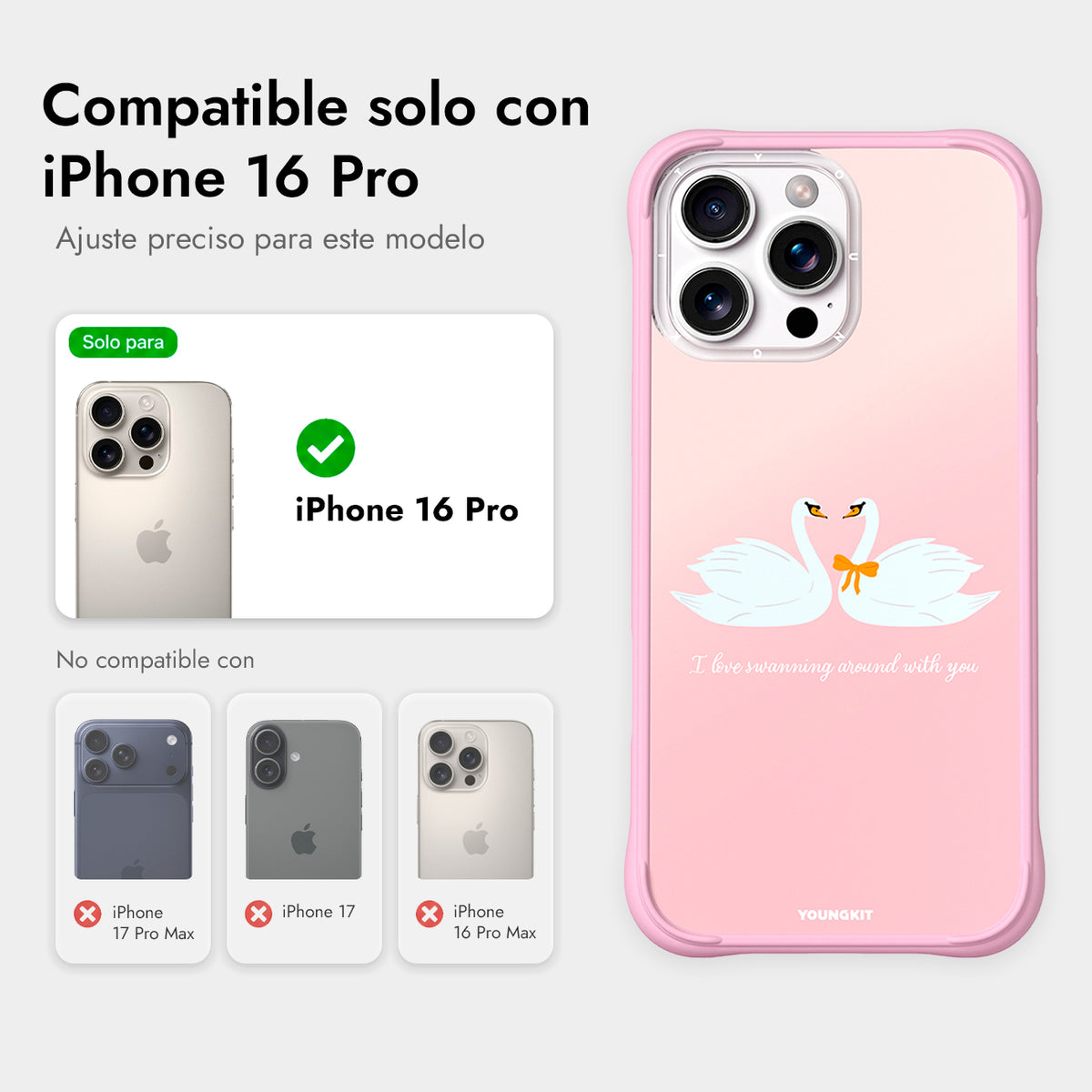 YOUNGKIT Funda CH4 Swan Kiss para iPhone 16 Pro Compatible con MagSafe, Marco de Silicona y Trasera Removible, Swan Love Song, Rosa Cálido