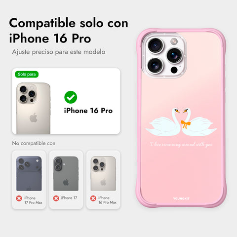 YOUNGKIT Funda CH4 Swan Kiss para iPhone 16 Pro Compatible con MagSafe, Marco de Silicona y Trasera Removible, Swan Love Song, Rosa Cálido