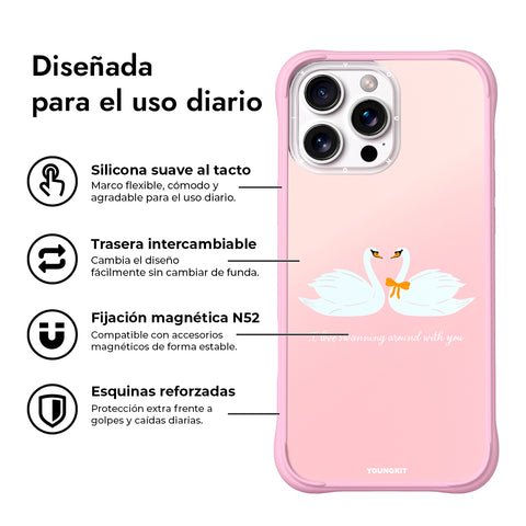 YOUNGKIT Funda CH4 Swan Kiss para iPhone 16 Pro Compatible con MagSafe, Marco de Silicona y Trasera Removible, Swan Love Song, Rosa Cálido