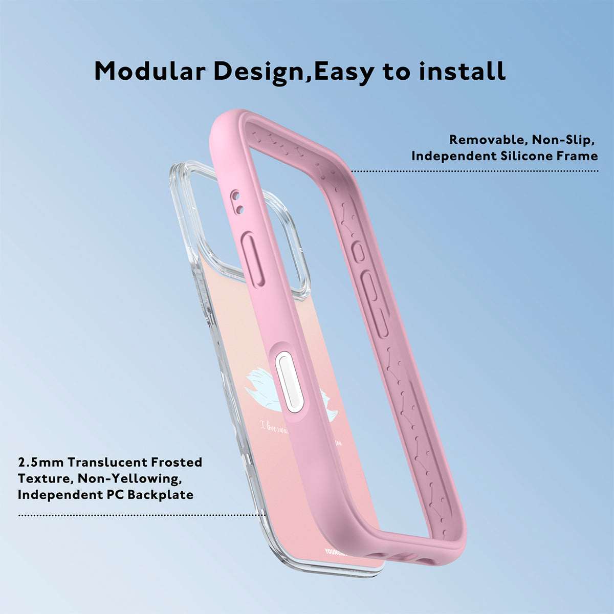 YOUNGKIT Funda CH4 Swan Kiss para iPhone 16 Pro Max Compatible con MagSafe, Marco de Silicona y Trasera Removible, Swan Love Song, Rosa Cálido