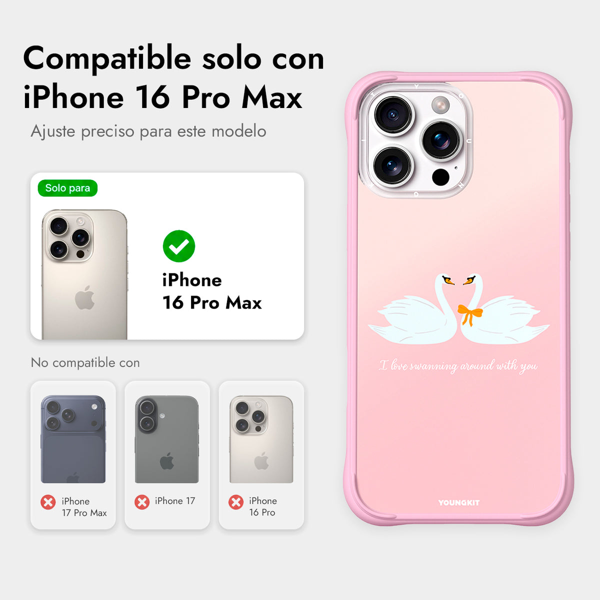 YOUNGKIT Funda CH4 Swan Kiss para iPhone 16 Pro Max Compatible con MagSafe, Marco de Silicona y Trasera Removible, Swan Love Song, Rosa Cálido