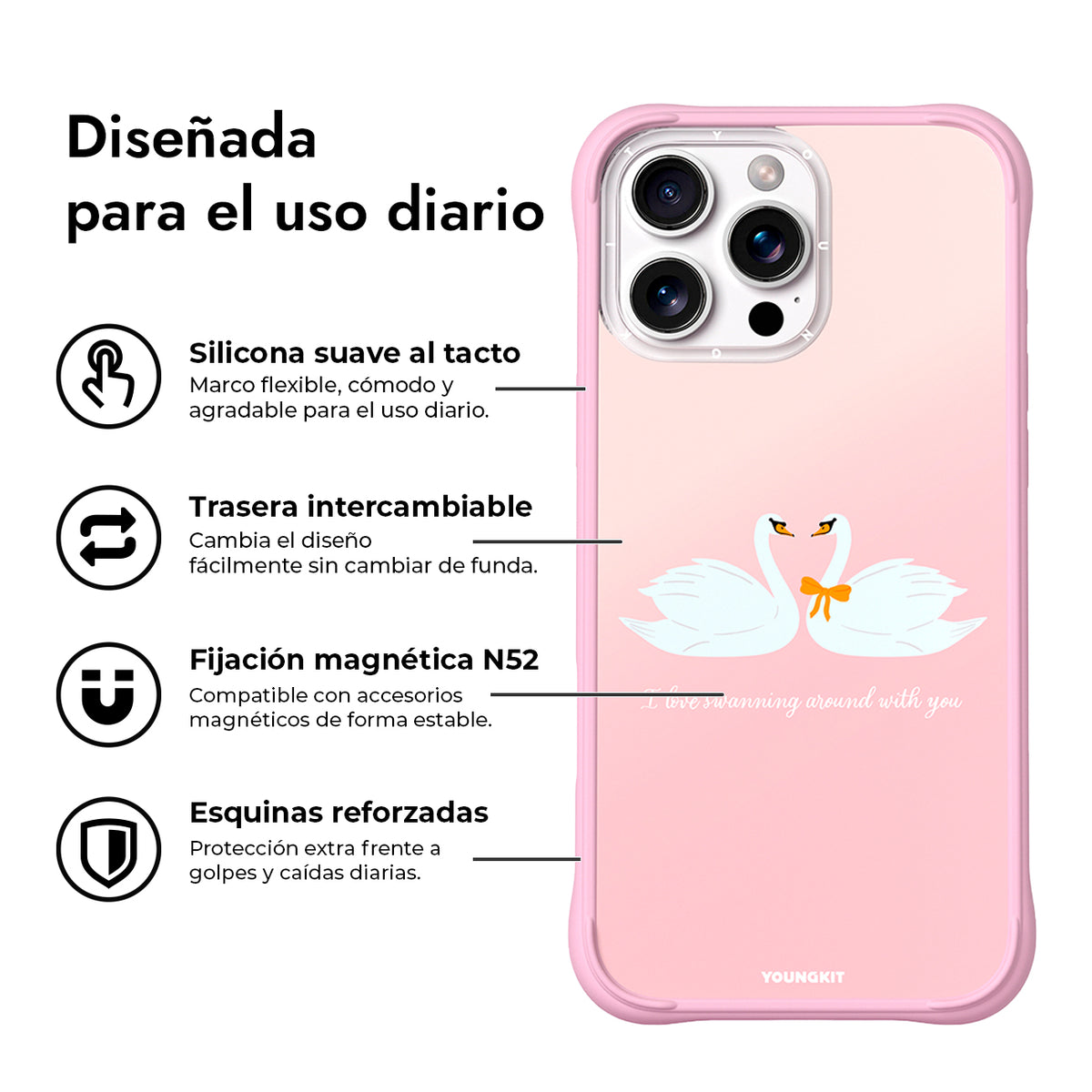 YOUNGKIT Funda CH4 Swan Kiss para iPhone 16 Pro Max Compatible con MagSafe, Marco de Silicona y Trasera Removible, Swan Love Song, Rosa Cálido