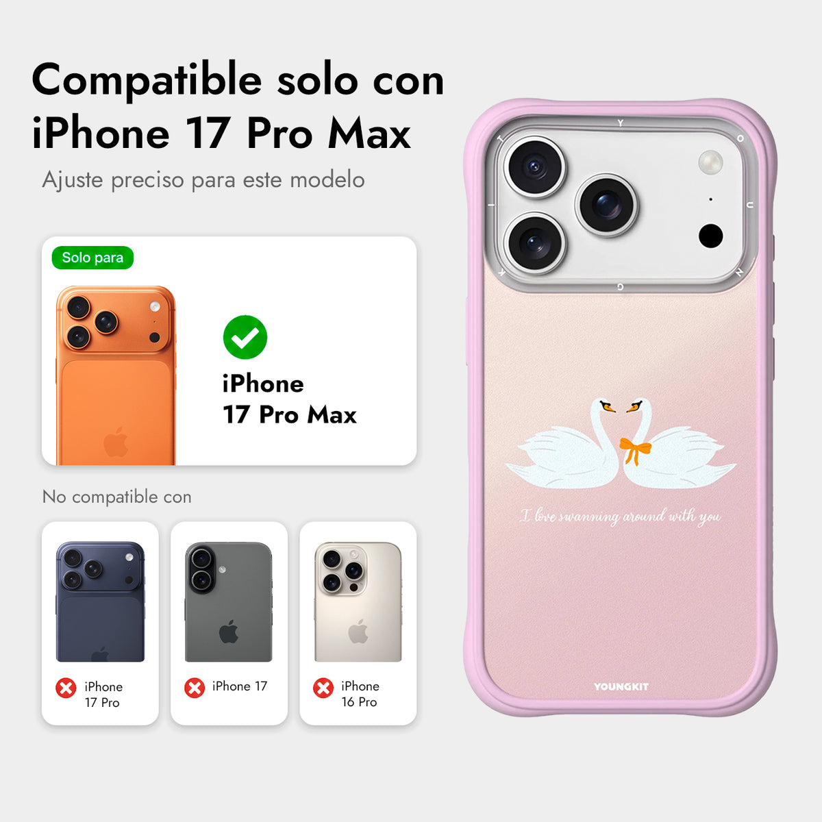 YOUNGKIT Funda Swan Kiss para iPhone 17 Pro Max/18 Pro Max Compatible con MagSafe, Swan Serenade